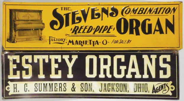 Two Organ Related Embossed Tin Sign: Two Organ Related Embossed Tin Signs. Estey Organs, Jackson, Ohio. Stevens Combination Reed Pipe Organ, Marietta, Ohio. Good to excellent condition. 20 X 5 1/4 inches.