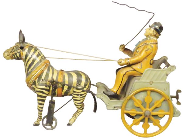 Tin Litho Wind Up Toy Cart with Zebra: Tin Litho Wind Up Toy Cart with Zebra. Missing front right leg otherwise good condition. 8 inches long.