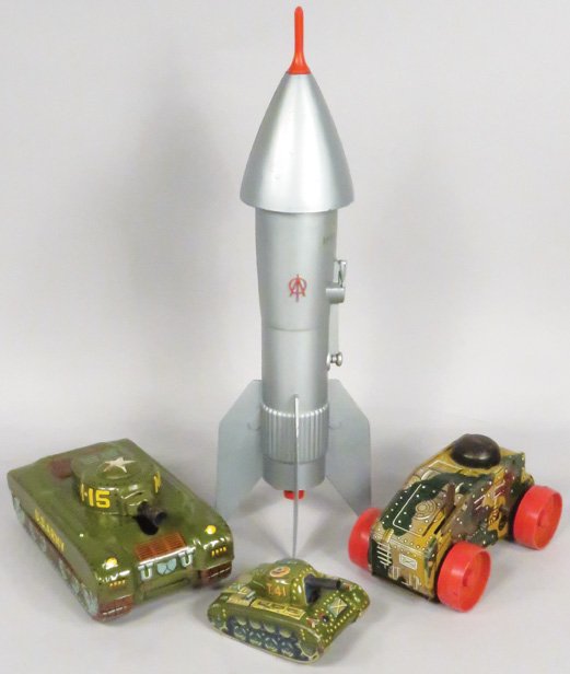 Collection of Tin Toy Tanks and Rocket Ship (1 of 1)