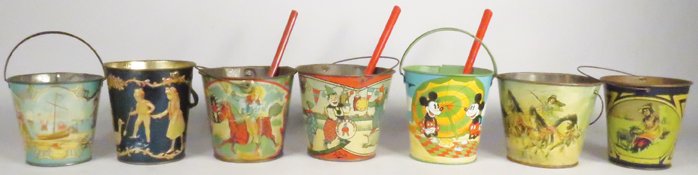 Collection of Tin Litho Sand Pails and Shovels (1 of 1)