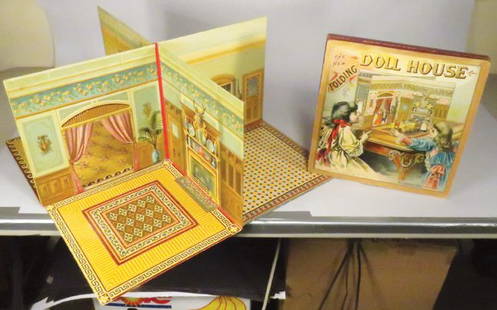 McLoughlin Bros. The New Folding Doll House Game: McLoughlin Bros. The New Folding Doll House Game. Beautiful color and graphics. Lid has no sides, shows wear otherwise good condition. 13 inches square.