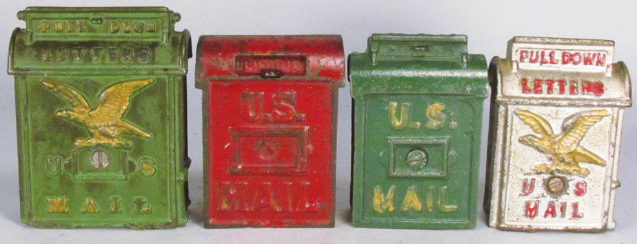 Four Cast Iron Mail Box Style Still Banks (1 of 2)