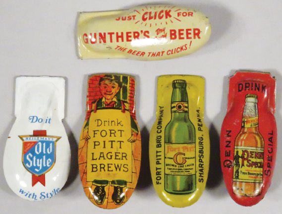 Collection of 5 Beer Advertising Tin Litho Clickers (1 of 1)