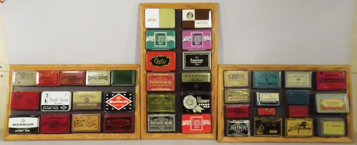Collection of Vintage Stamp Pad Tins: Collection of Vintage Stamp Pad Tins. 40 different tins include Scientific, Victory, Carter's, Volger's, Excelsior and more. Great graphics, overall good to excellent condition.