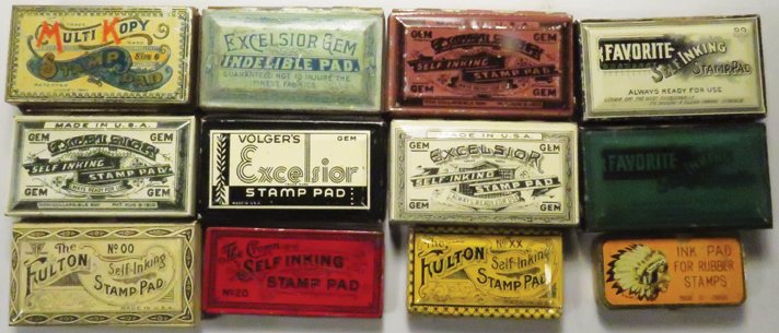 Collection of Vintage Stamp Pad Tins: Collection of Vintage Stamp Pad Tins. 12 different tins include Excelsior, Favorite, Fulton and more. Great graphics, overall good to excellent condition.