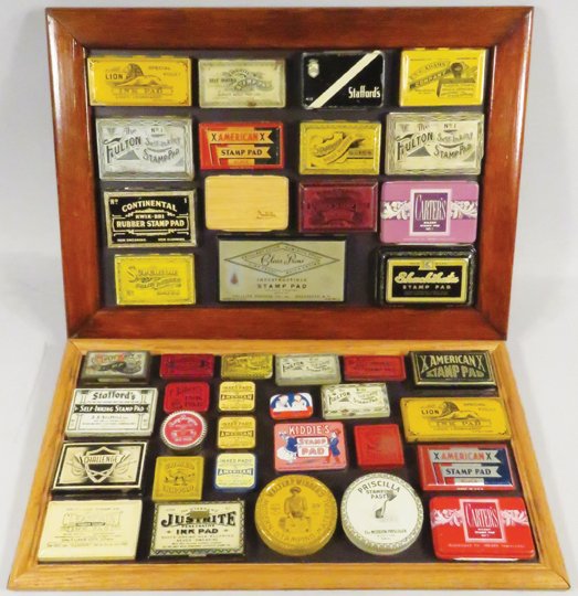 Collection of Vintage Stamp Pad Tins: Collection of Vintage Stamp Pad Tins. 40 different tins include Stafford's, Challenge, Fulton, Prisilla Stamp Paste and more. Great graphics, overall good to excellent condition.