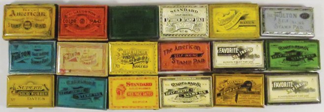 Collection of Vintage Stamp Pad Tins: Collection of Vintage Stamp Pad Tins. 18 different tins include Standard, American, The Laughton, S.G. Adams, Favorite, Excelsior and Quality. Great graphics, good to excellent condition.