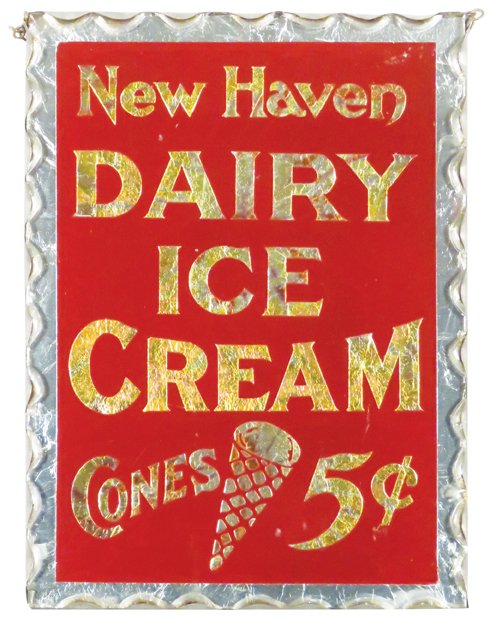 New Haven Dairy Ice Cream Glass Sign: New Haven Dairy Ice Cream Reverse Glass Scalloped Edge Chain Hanging Sign. Excellent condition. 6 1/2 X 9 inches.