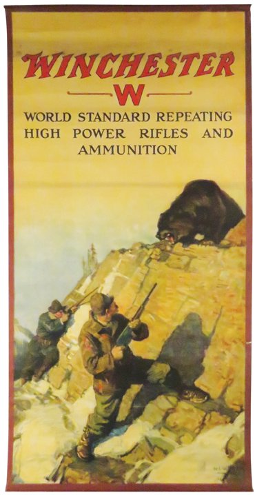 1912 Winchester World Standard Poster with Bear: 1912 Winchester World Standard Repeating High Power Rifles and Ammunition Poster. N. C. Wyeth, Artist. Depicts Bear and Hunter. In Webster's book it says there are only two that exist. We think probab