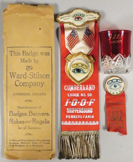 Two IOOF ribbons and a Souvenir Shot Glass: Two IOOF ribbons and a Souvenir Shot Glass. The large ribbon comes with it's original envelope.