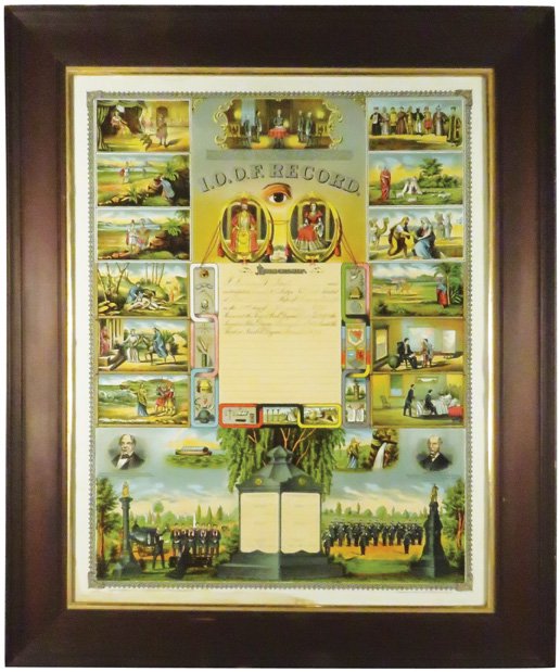 Independent Order of Odd Fellows Record: Independent Order of Odd Fellows Record. William Read, Friendly Union Lodge No. 64 Fall River, Mass., 1905. Beautiful color and graphics. Staining in bottom left corner otherwise very good condition. 