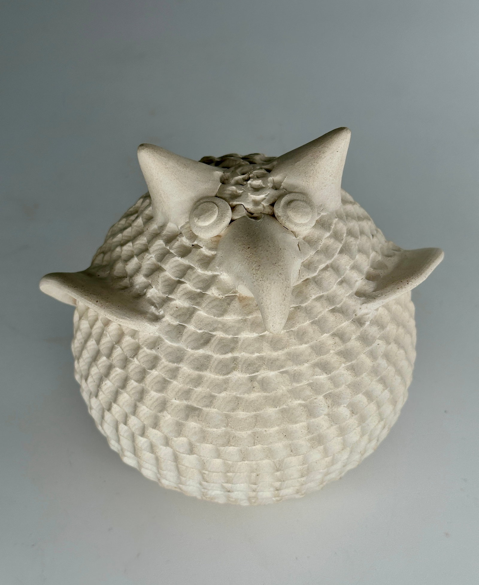 Acoma corrugated whiteware pottery owl.: Acoma corrugated whiteware pottery owl by Stella Shutiva. Stella Shutiva (1923 - 1997) was a renowned potter from Acoma Pueblo, New Mexico, best known for her distinctive corrugated-style pottery that