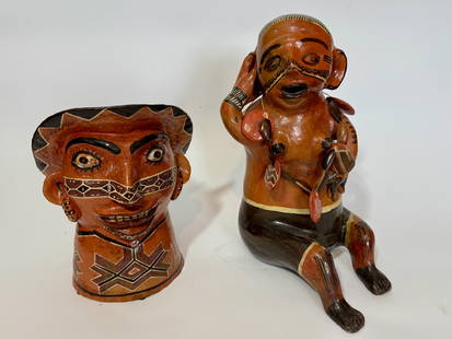Large Ecuadorian figure with a necklace and an Ecuadorian pottery head of a spirit: Ecuadorian quichua pottery figures. Sacha Huarmi "Indian woman of the jungle" and head of a spirit. Circa 1995. 12.5" and 9.25" tall. About 5Lbs 5 Oz. If you have additional questions please contact t
