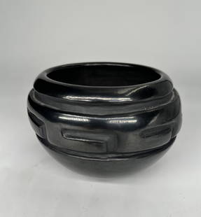Black carved bowl by Margaret Tafoya: Margaret Tafoya Santa Clara bowl, 4.5" diameter by 3.25" high, black carved geometric design, hand coiled. Tanner Gallery COA, Tanner Gallery, Albuquerque NM. (Documentation of this sale available upo