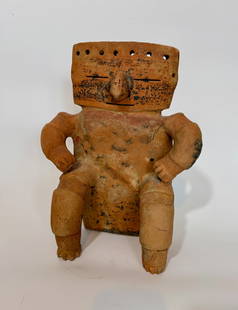 Quimbaya figure: Quimbaya seated figure. Caldas culture, Middle Columbia. Ex Hill Tribal Arts in Scottsdale AZ. Left leg reattached and possibly re-built. Ex Frank Hill Tribal Arts in Scottsdale. 13.25" tall x 10" wid