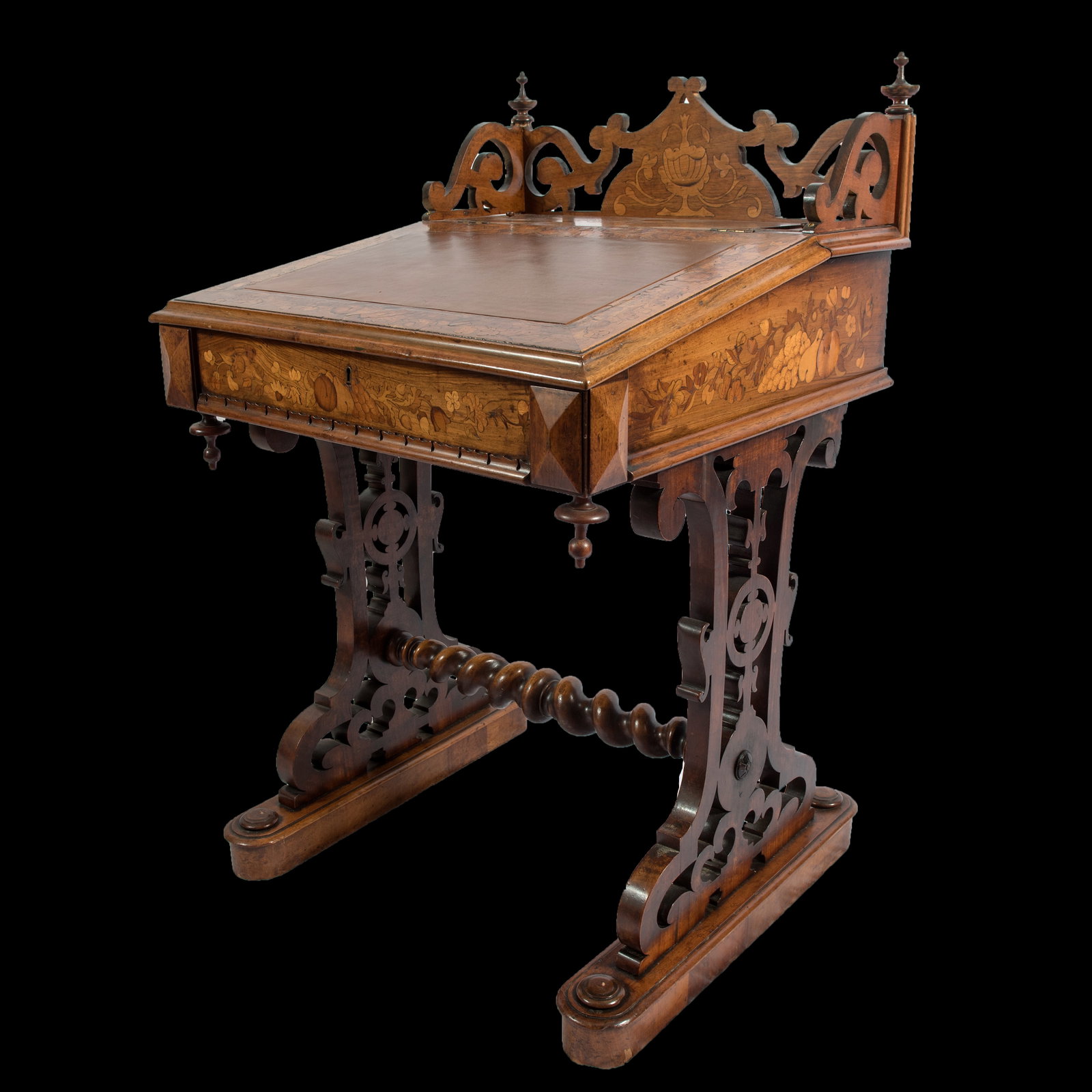 Marquetry desk ca. 1860's: Middle to late 19th century captain's or davenport desk. Incredible marquetry and turned wood with minor expert restoration. (Zoom in on the marquetry!) Beautiful cubby holes and drawer. Perfect for a