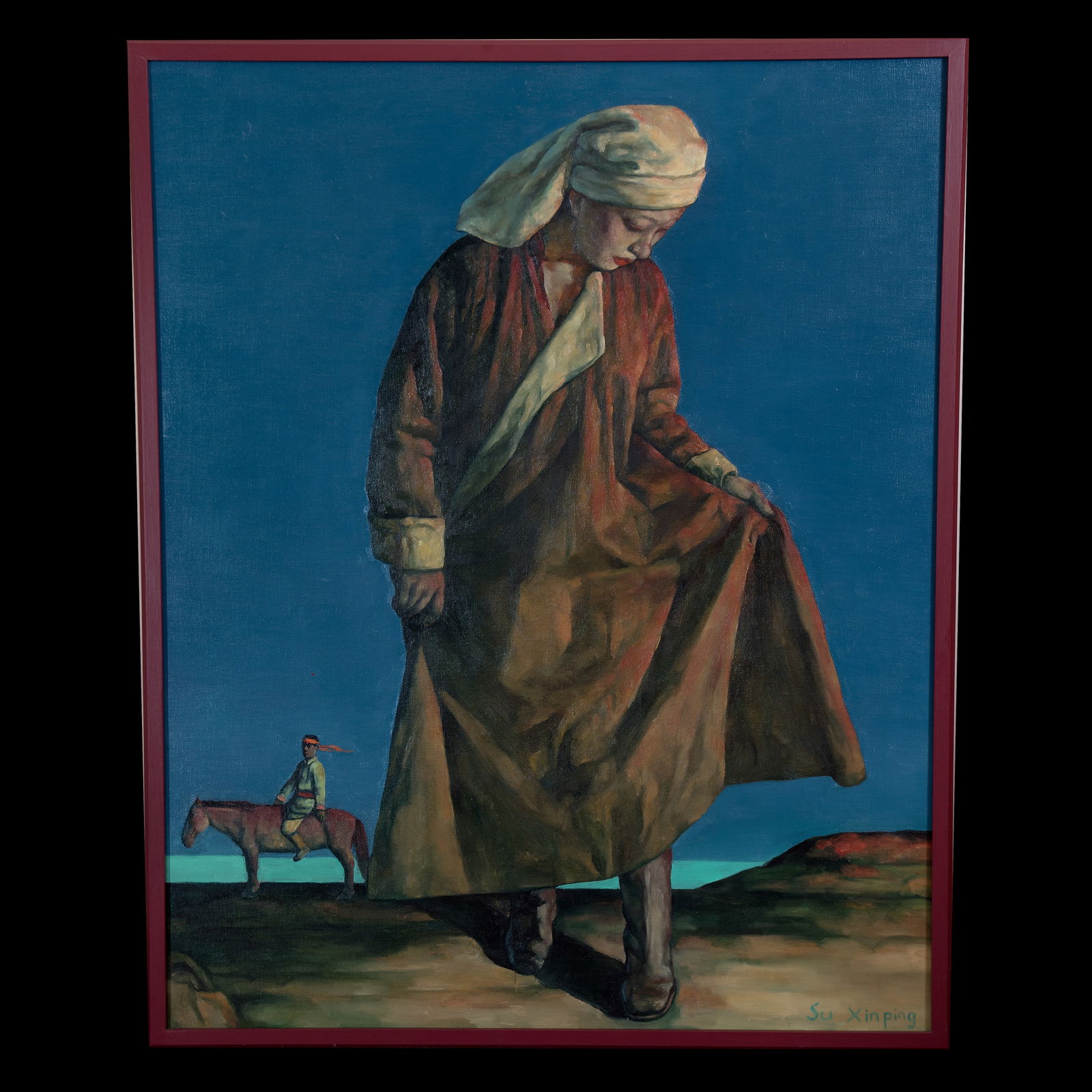 Painting by renowned artist Su Xingping: Su Xinping, born in Inner Mongolia in 1960. Purchased in 2000 on commission to the artist. This beautifully painted, mysterious and dreamlike oil painting, conveys a sense of isolation in a young woma