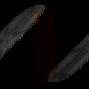 Flat woven shield. Likely Poto: Old African Poto woven shield from the Congo. 54 x 16 inches. Beautiful craftsmanship. A bit of damage to weaving at one end. Handle possibly replaced at one time. If you have additional questions ple