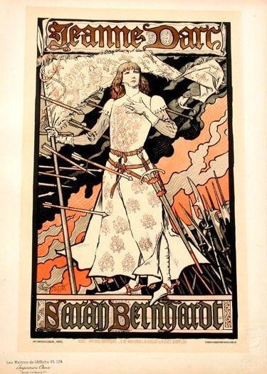 Jeanne Darc Sarah Bernhardt, Les Maitres de l'Affiche Pl. 174.: Grasset, Eugene. Paris: L'Imprimerie Chaix, 1899. First edition. Joan of Arc holding a banner in a hail of arrows. Grasset worked as a book illustrator and poster designer in Paris towards the end of
