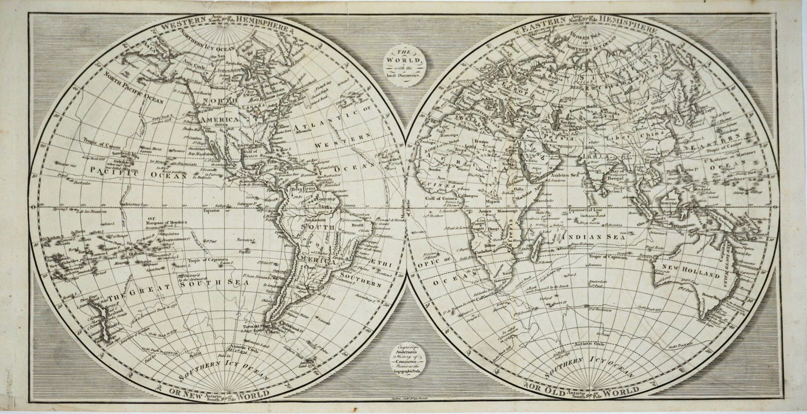 The World with the latest Discoveries.  [Cook's voyage tracks on a double hemisphere map]. (1 of 1)