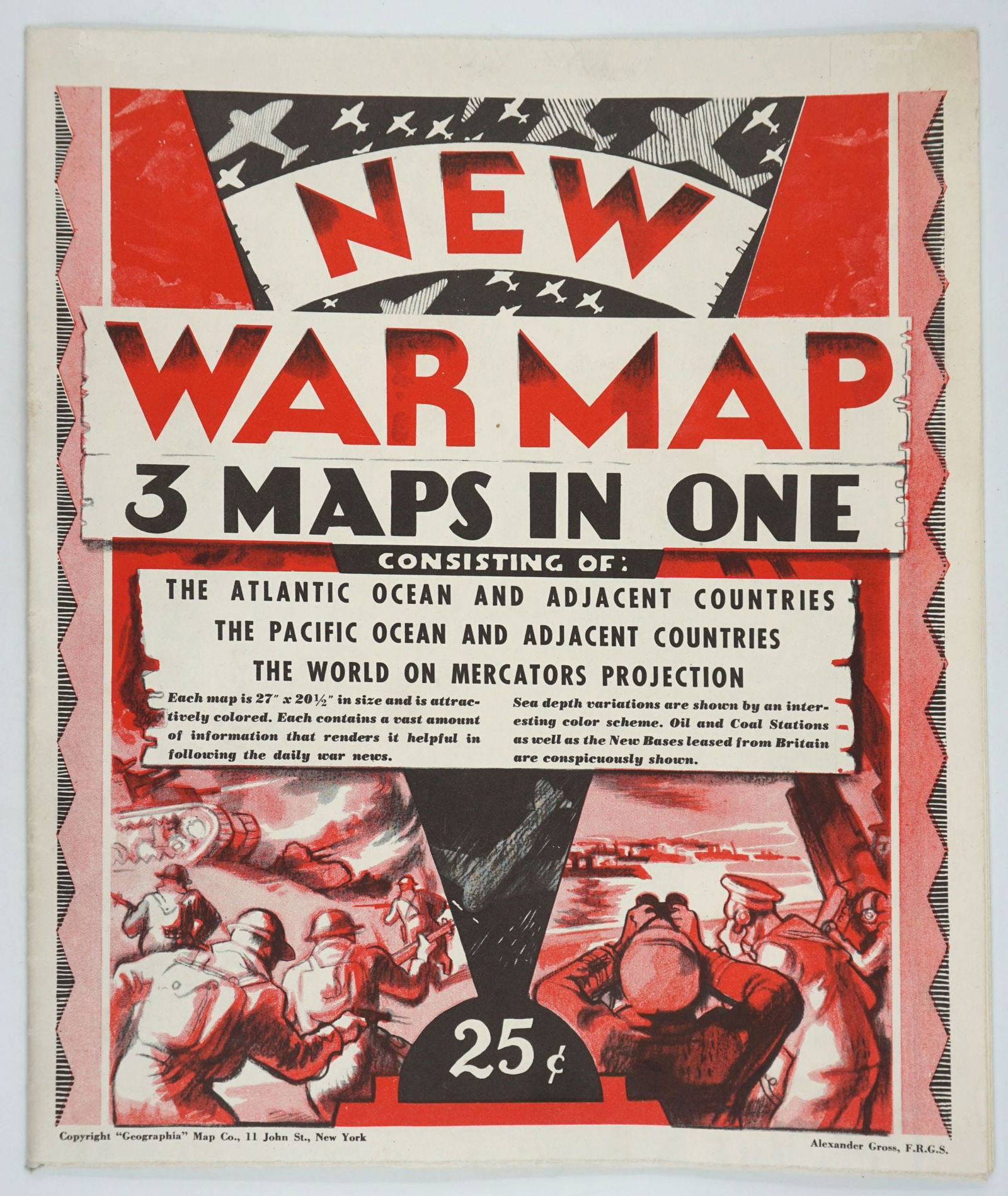 New War Map - 3 Maps in One. The Atlantic Ocean... The Pacific... World on Mercator Projection, 1941 (1 of 4)