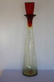 Blenko Floor Vessel/Bottle with Stopper by Wayne Husted: Architectural hand blown floor vessel/bottle with stopper by Wayne Husted with label for Blenko. Bottle (without stopper) is 30" high and 8" diameter. Stopper is 11.5" high and 4.75" diameter. Bottle