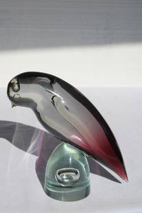 Murano Bird on Bullet Stand: Italian glass bird, possibly a parakeet. Bird measures 10.25" wide, 4" deep and 10.25" high.