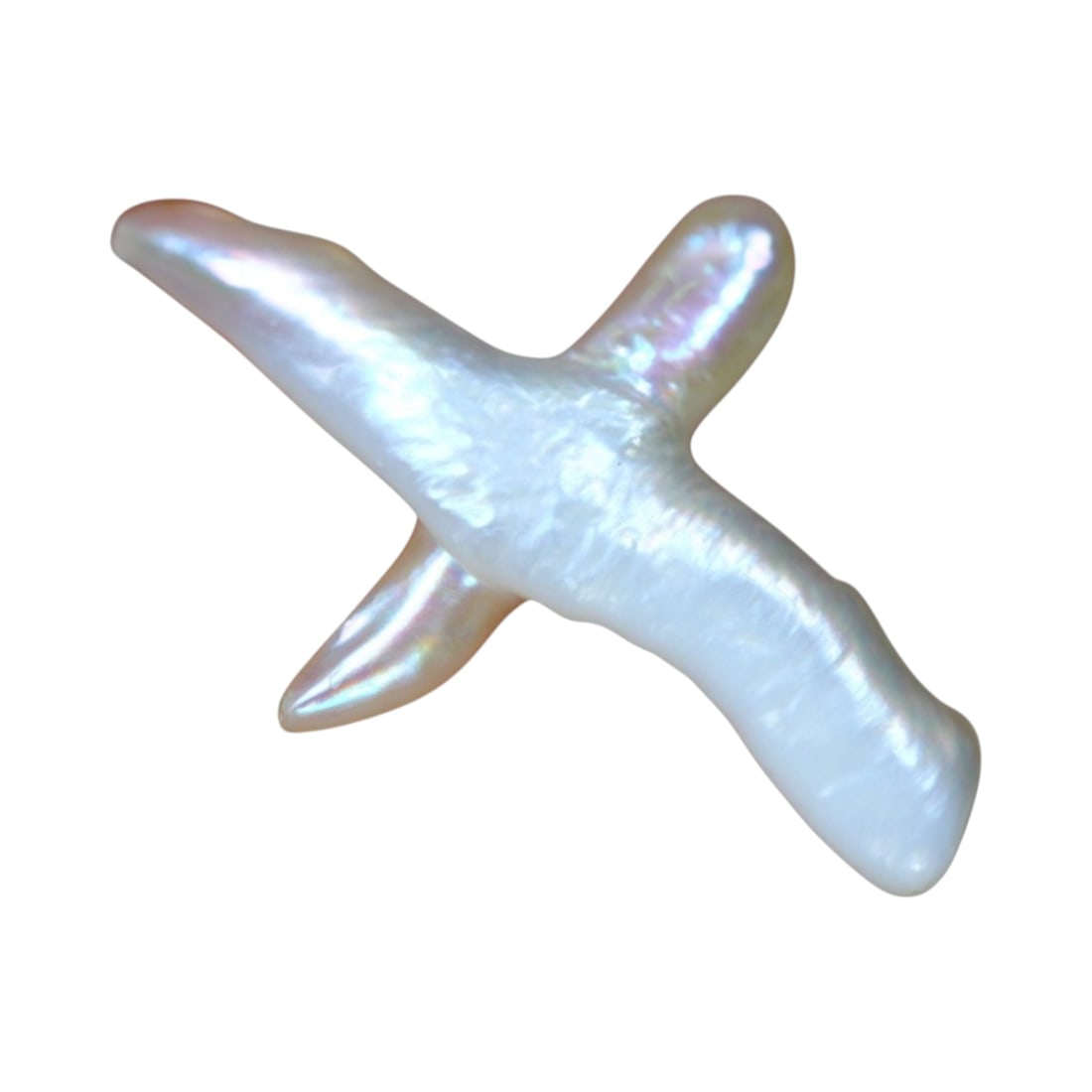27.99 Carats Sculptural Keshi Pearl - Soaring Formation: Presenting a remarkable 27.99ct keshi pearl, measuring 43.3 x 29.4 x 8.2 mm, with an aerodynamic form that evokes flight and freedom. Its sleek silhouette and multidirectional flaring arms form a dram