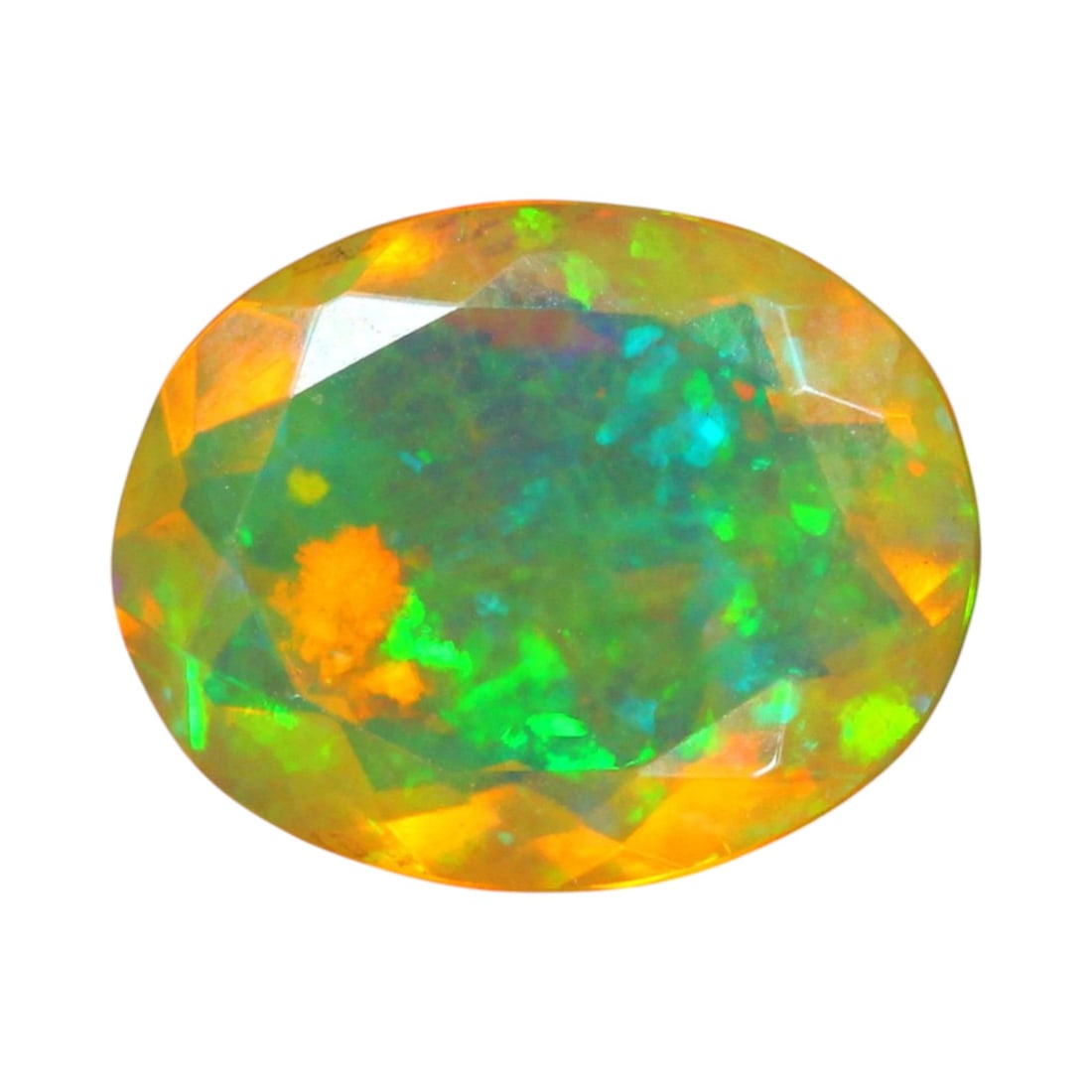 1.80 Carats Faceted Fire Play Opal - Natural Ethiopian Gem: This vivid faceted opal ignites with intense flashes of chartreuse green, electric yellow, and ember orange across a crystalline body. The precision-cut facets enhance its play-of-color with dramatic 