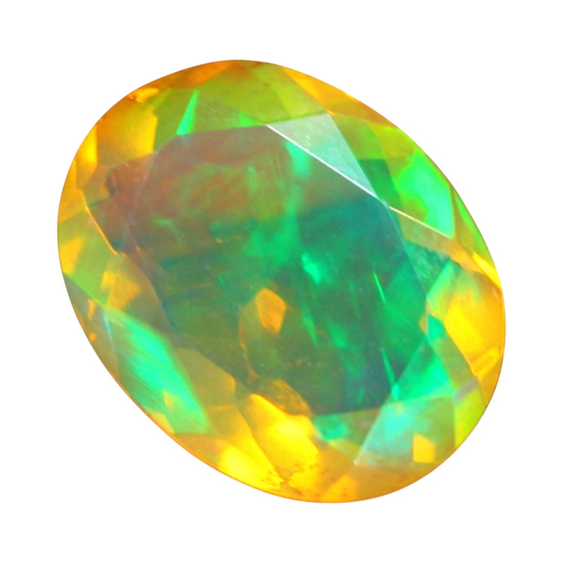 1.13 Carats Faceted Neon Green Opal Oval - Natural Ethiopian Welo Stone: This brilliantly faceted opal displays a vibrant neon green fire with golden yellow and subtle amber undertones, creating a dramatic interplay of color across its transparent body. Measuring approxima