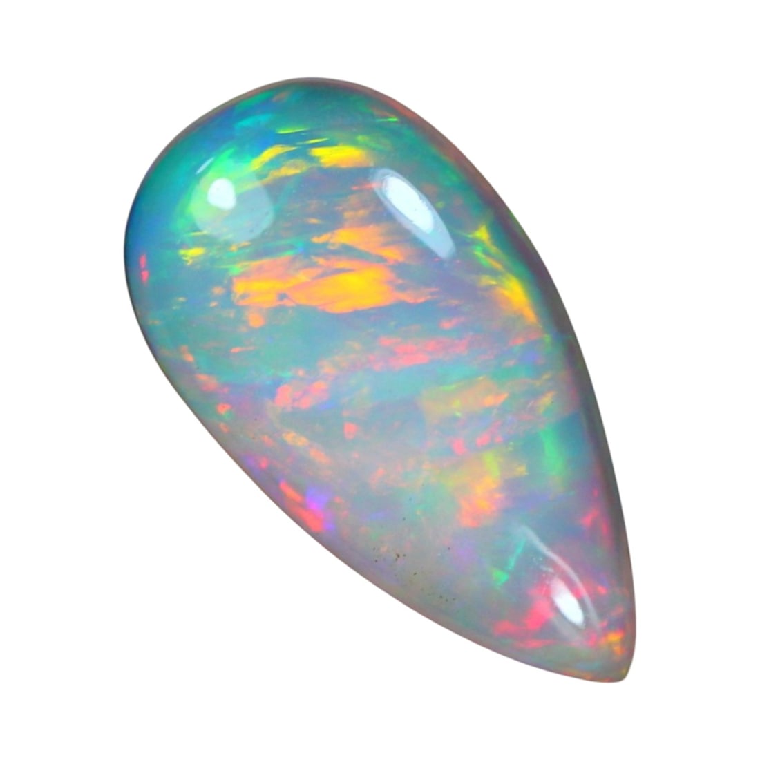 2.12 Carats Welo Opal Pear Cabochon - Neon Fire in Crystal Body: This 2.12-carat Ethiopian Welo opal is an exquisite pear-shaped cabochon measuring approximately 15.1 x 8.2 x 3.5 mm. Its translucent crystal body showcases a blazing spectrum of neon flashes-orange, 