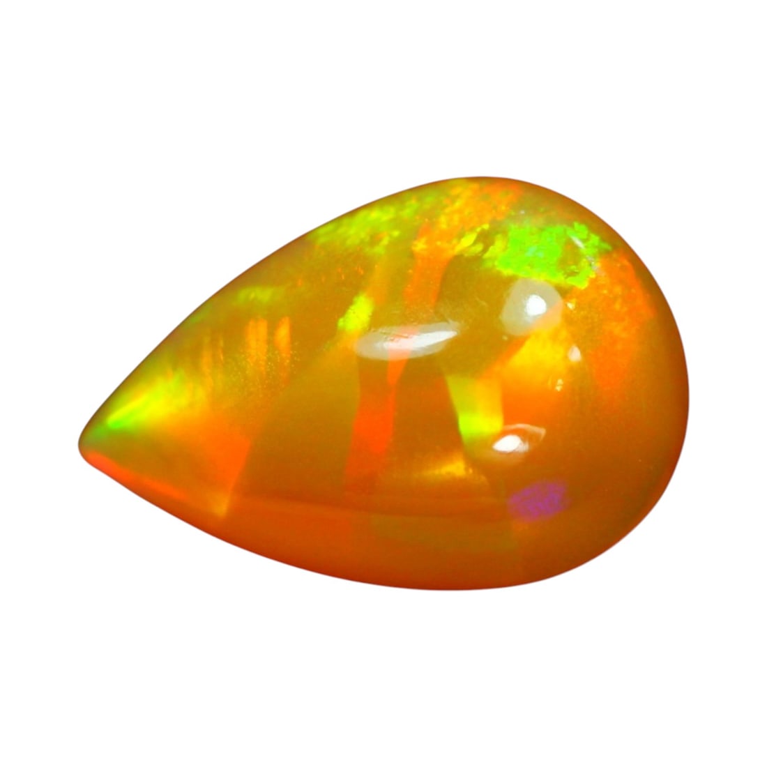 2.41 Carats Fire-Orange Welo Opal Pear Cabochon - Brilliant Neon Play-of-Color: This striking 2.41ct Ethiopian Welo Opal, cut in a lustrous pear cabochon (13.0 x 8.6 x 5.1 mm), bursts with vibrant hues of neon green, fiery red, and yellow against a blazing orange body tone. The h