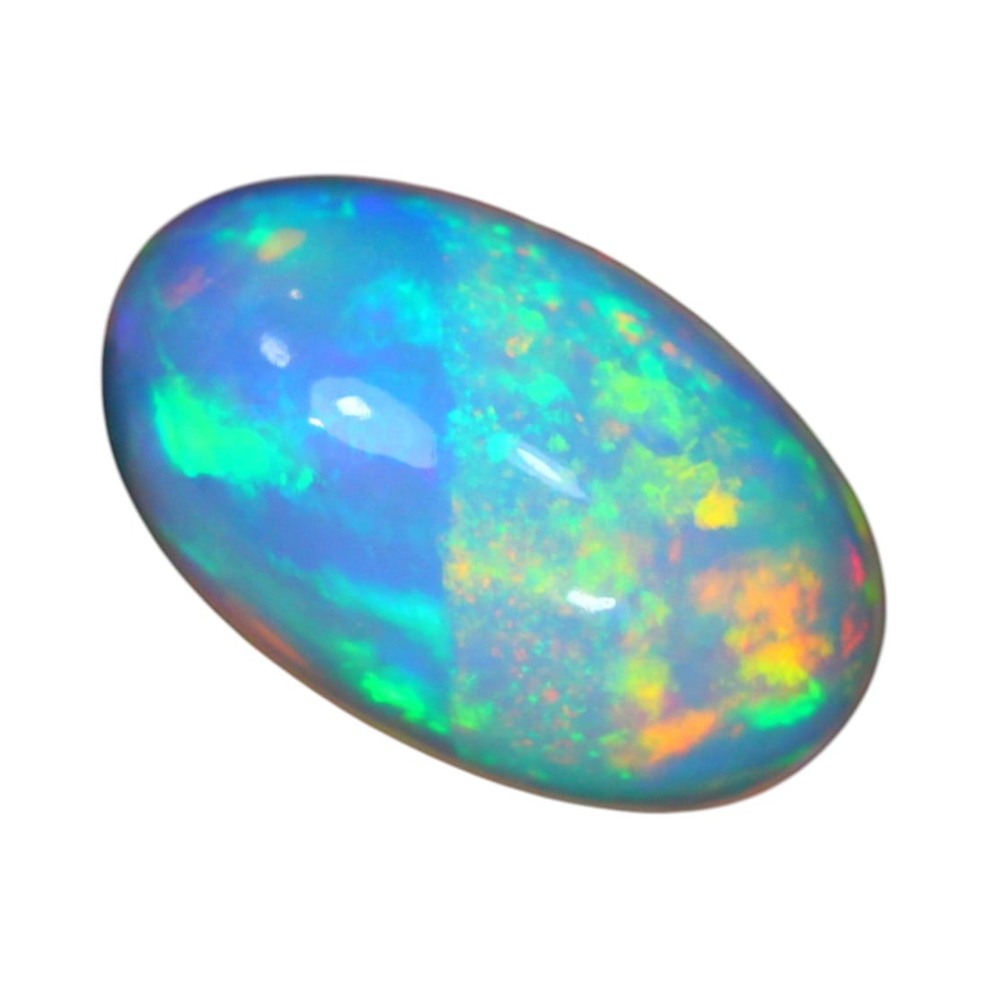 2.85 Carats Electric Blue-Green Opal Cabochon - Natural Ethiopian Welo Stone: A striking display of intense blue-green fire floods this 2.85 carat Welo opal, offset by bold flashes of orange, yellow, and violet that ripple across its domed surface. The oval cabochon features a 