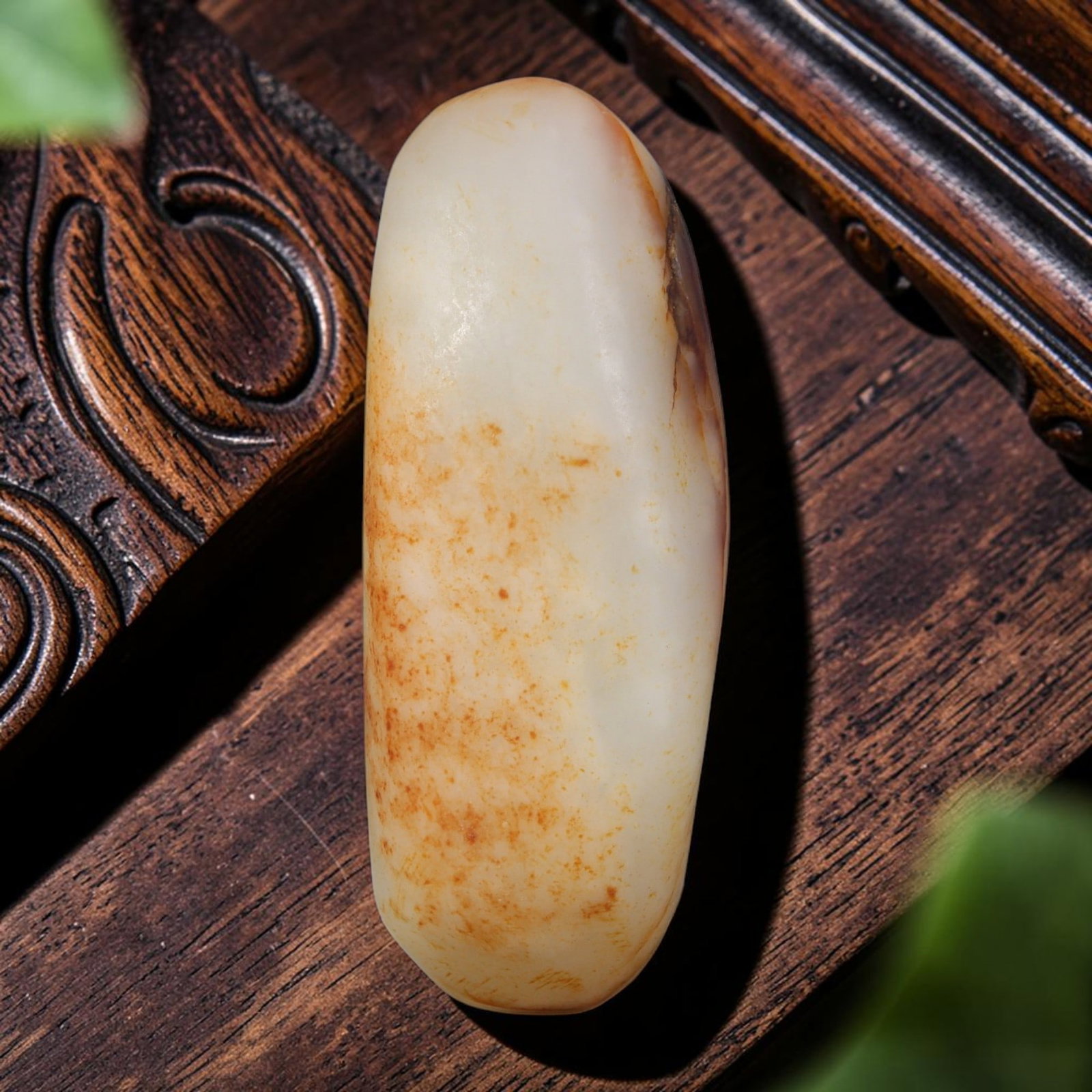 Natural Chinese Hetian Mutton Fat Nephrite Raw Seed Pebble Jade Stone, 80AS: This unmodified river specimen is formed from natural Xinjiang Hetian mutton fat nephrite seed jade, preserved in its original alluvial pebble shape with distinct natural russet skin patina distribute