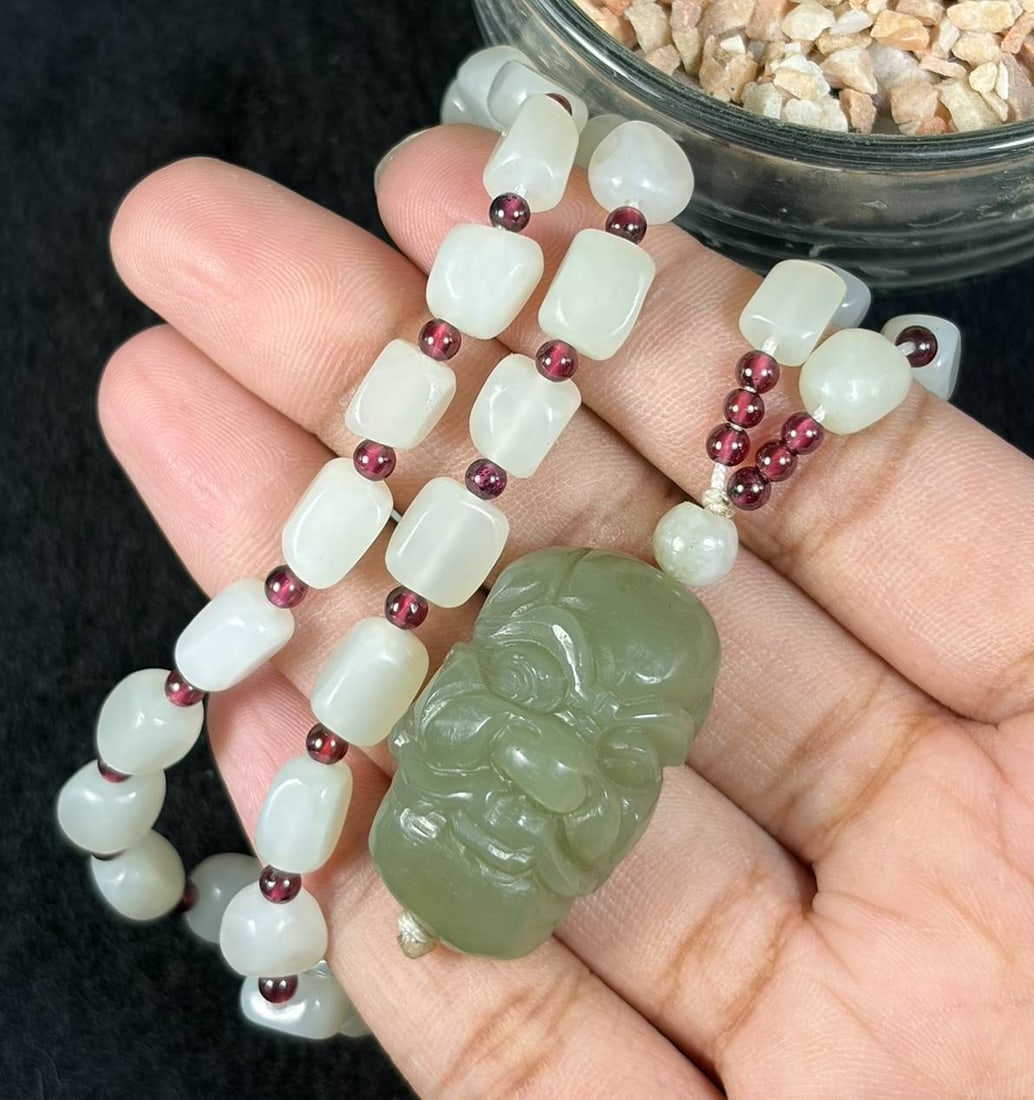 Natural Xinjiang Hetian Pale White Seed Jade Necklace With Celadon Luohan Head Pendant, 28AT: This complete wearable jade necklace strand measures 62 cm in total length, crafted from authentic untreated Xinjiang Hetian mutton fat white river seed nephrite pebbles with subtle faint natural skin