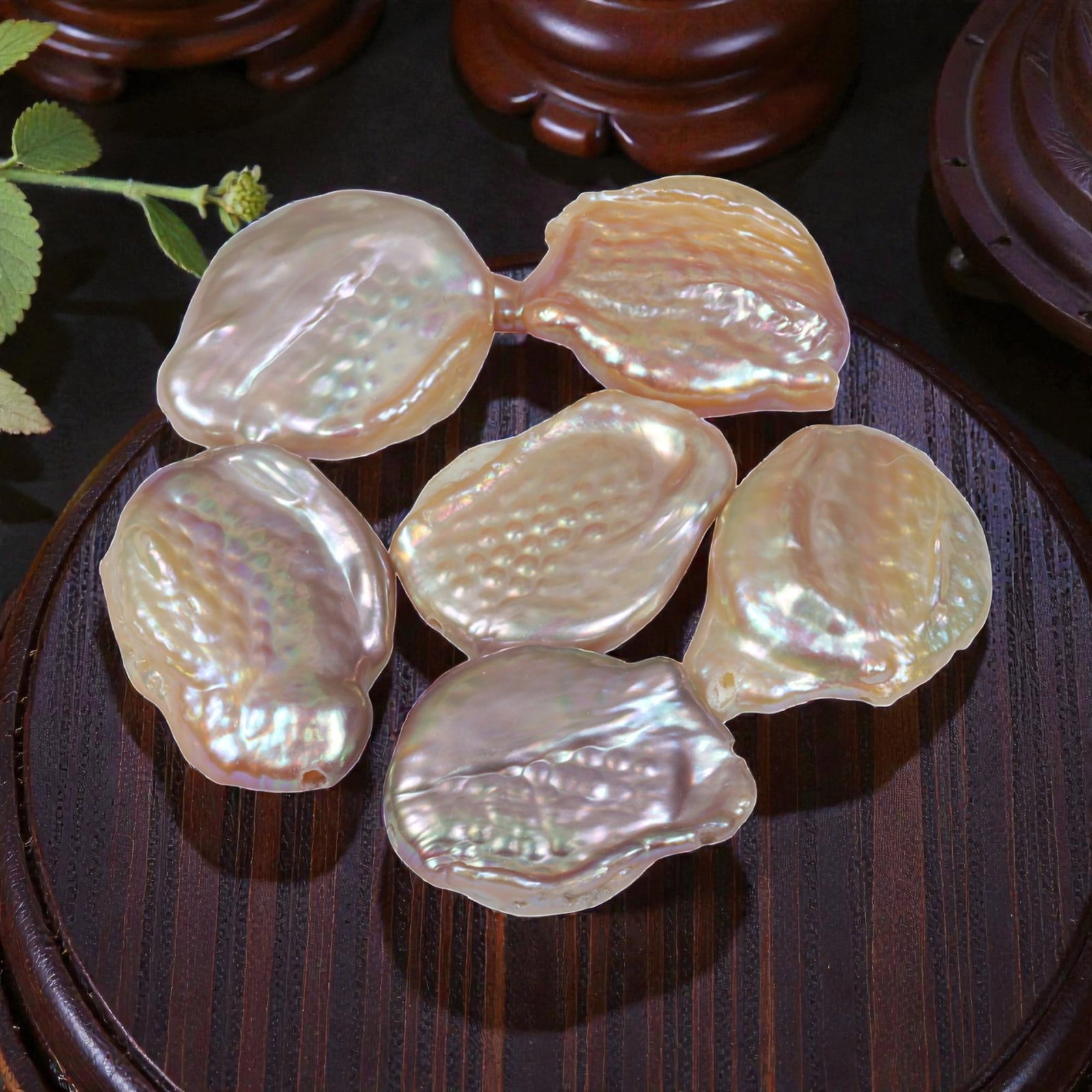 58.45ct Natural Peach Keshi Freshwater Pearl - Drilled, 57YG: Natural keshi freshwater pearls, individually drilled for jewelry use. Exhibits warm peach-toned overtone with highly iridescent, textured nacre surface and natural baroque form. Each piece displays u