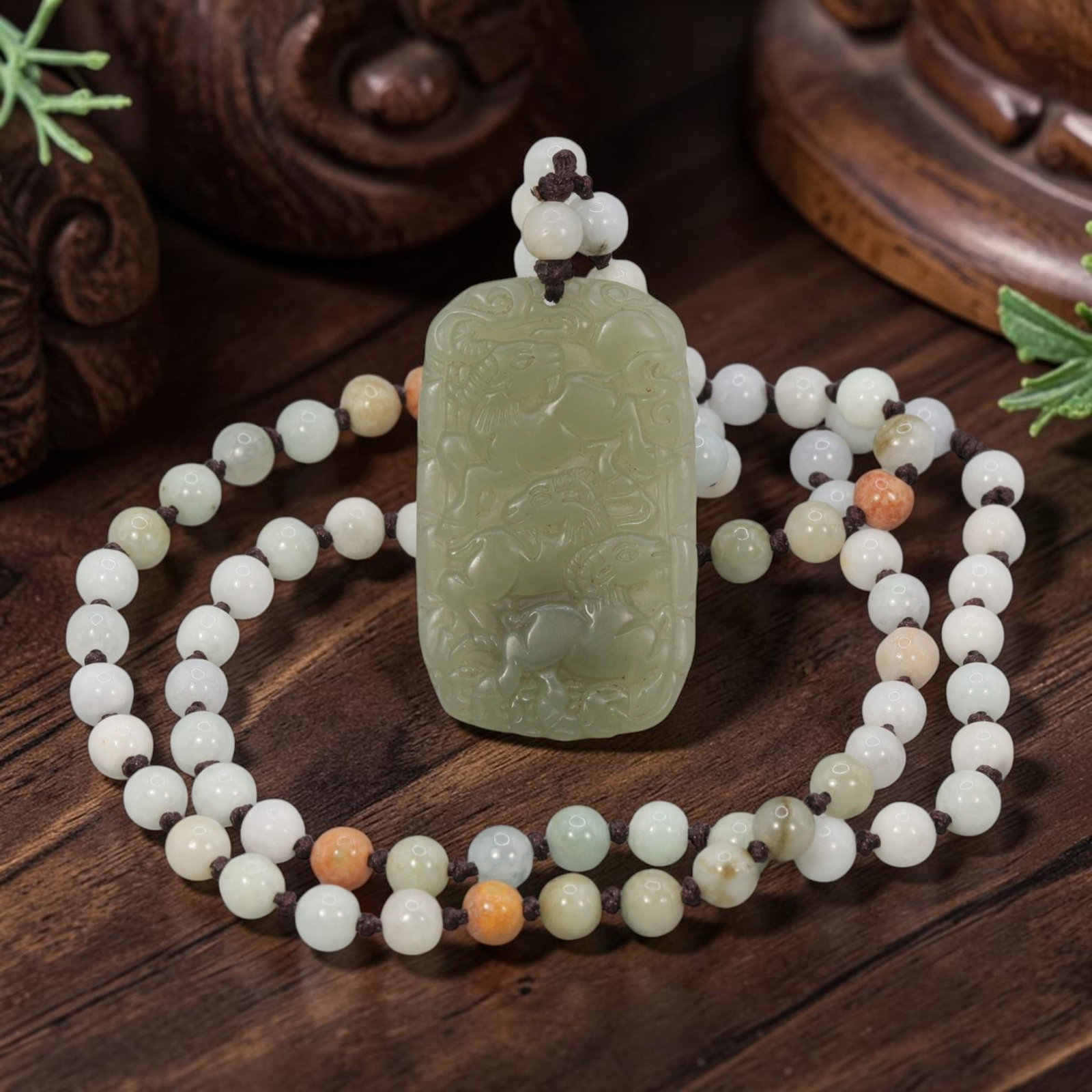 Burmese Jadeite Beaded Necklace with Natural Chinese Jade Three Goats Pendant, 60YJ: This necklace features a hand-carved natural Chinese jade pendant paired with natural Burmese jadeite round beads, strung on a brown cord. The pendant is crafted from soft pale green jade, depicting t