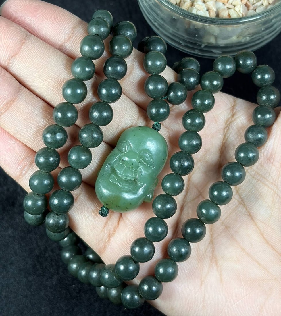 Natural Xinjiang Hetian Nephrite Laughing Buddha Mala Prayer Beads Necklace Pendant, 26AT: Complete authentic 108-bead Buddhist mala strand crafted fully from uniform dark green Xinjiang Hetian nephrite jade, with a total wearable length of 82 cm. Every round jade bead is precisely polished