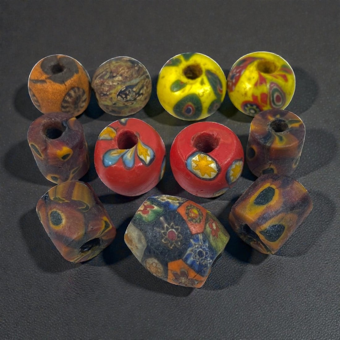 Lot of 11 Vintage Mixed Shape Millefiori Glass Beads 1.5-2cm Multi Color Eye Floral Lampwork Beads,: Vintage bulk set of 11 handcrafted millefiori lampwork glass beads, measuring 1.5-2cm each with mixed barrel, drum and irregular chunky shapes. Features varied eye motif, floral mosaic and marbled swi