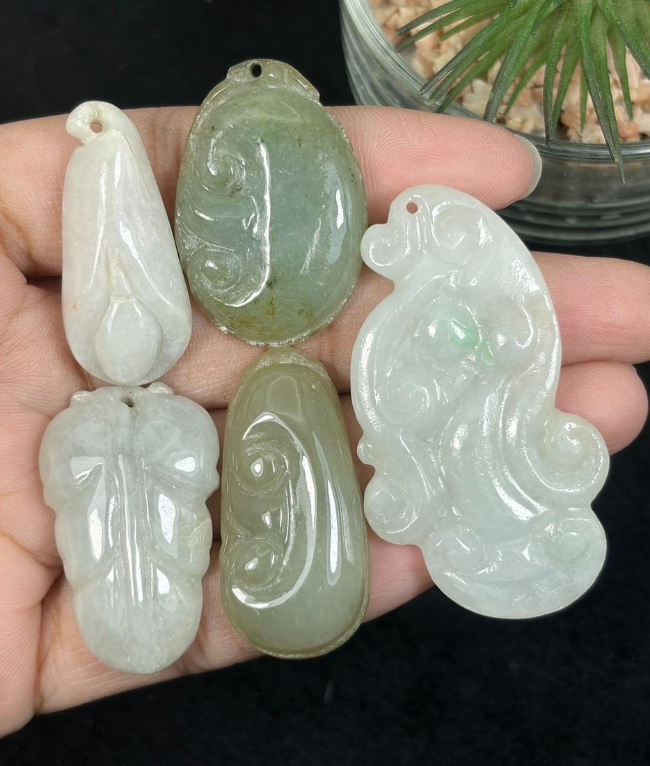 Lot Of 5 Natural Burmese Type A Jadeite Jade Carved Pendants, 79AR (1 of 2)