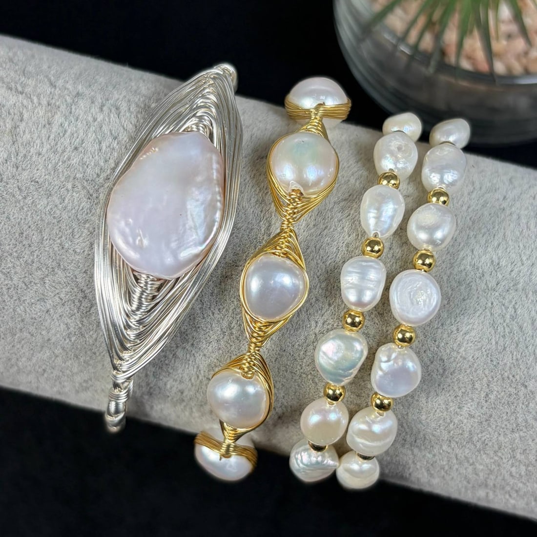 Lot of 3 Natural White Baroque Pearl Silvered & Gold-Toned Wire Wrapped Cuff Bracelets, 26EB: Handmade set of 3 open cuff bangles crafted with silvered and gold-toned craft wire wrapped around natural untreated white baroque freshwater pearls with soft iridescent luster and organic uneven shap