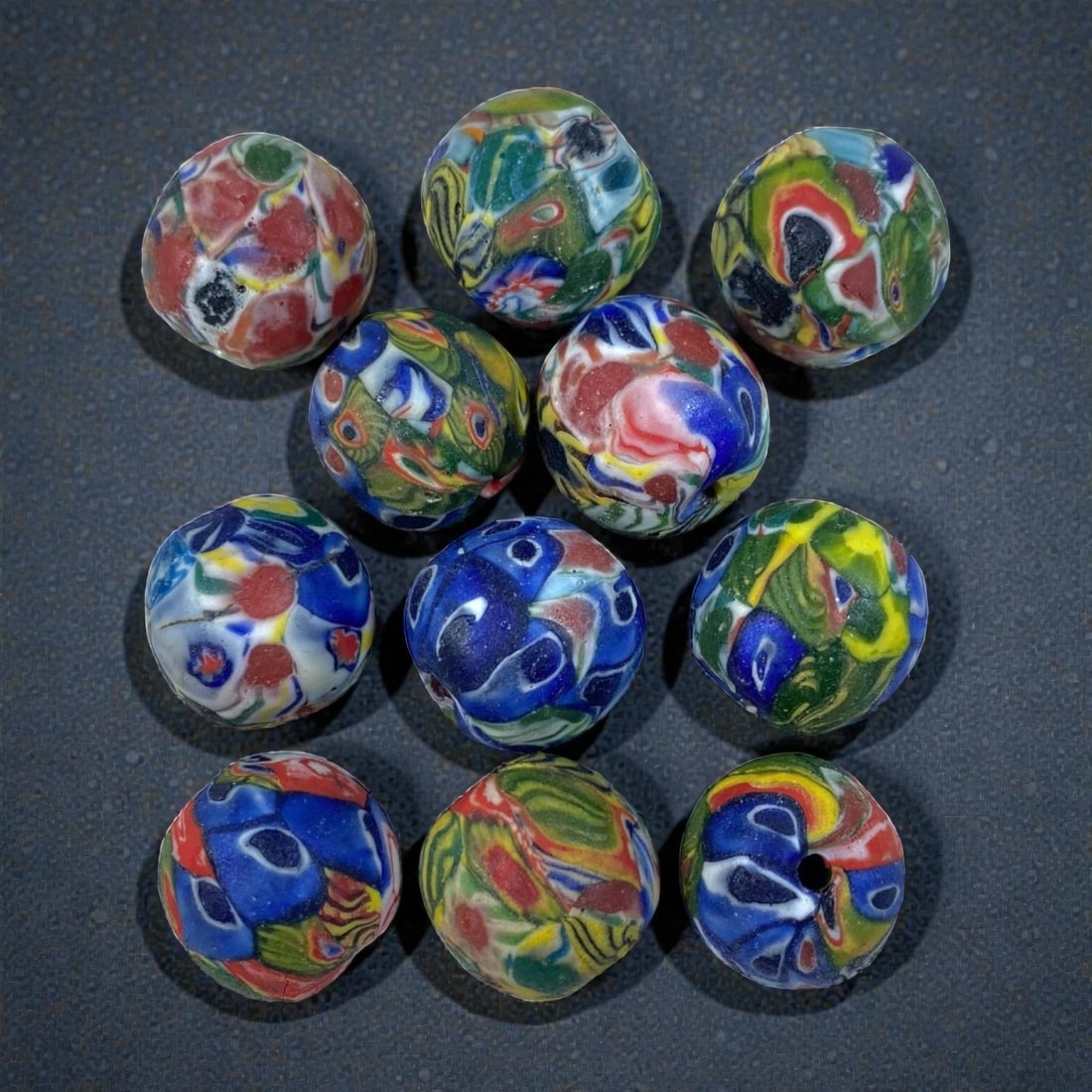 Lot of 11 Vintage Millefiori Round Glass Beads 2cm Multi-Color Swirl Eye Lampwork Beads, 79AA: Vintage bulk set of 11 handcrafted round millefiori lampwork glass beads, uniform 2cm size. Features rich chaotic marbled swirl and eye-shaped mosaic inlays in vibrant blue, red, green, yellow and whi
