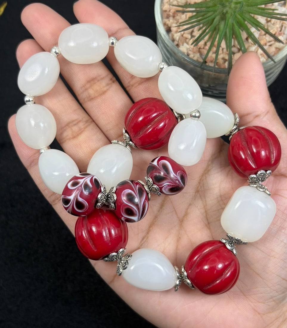 Lot of 2 Chinese Natural White Nephrite Jade Bracelets with Red Lampwork Glass Beads, 87AS (1 of 2)