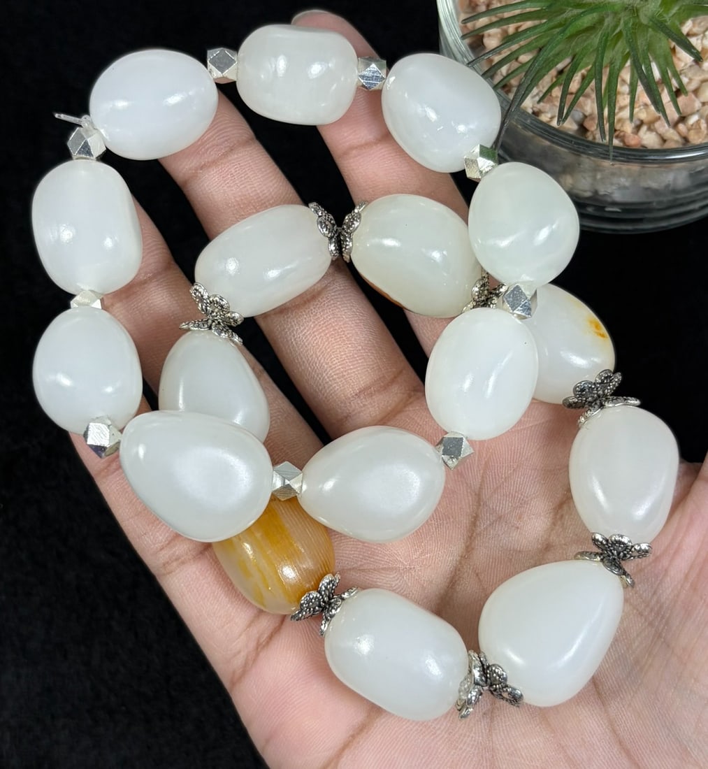 Lot of 2 Natural White Hetian Nephrite Seed Jade Bracelets, Largest 2cm Raw Skin Pebble Beads, 62AR (1 of 2)