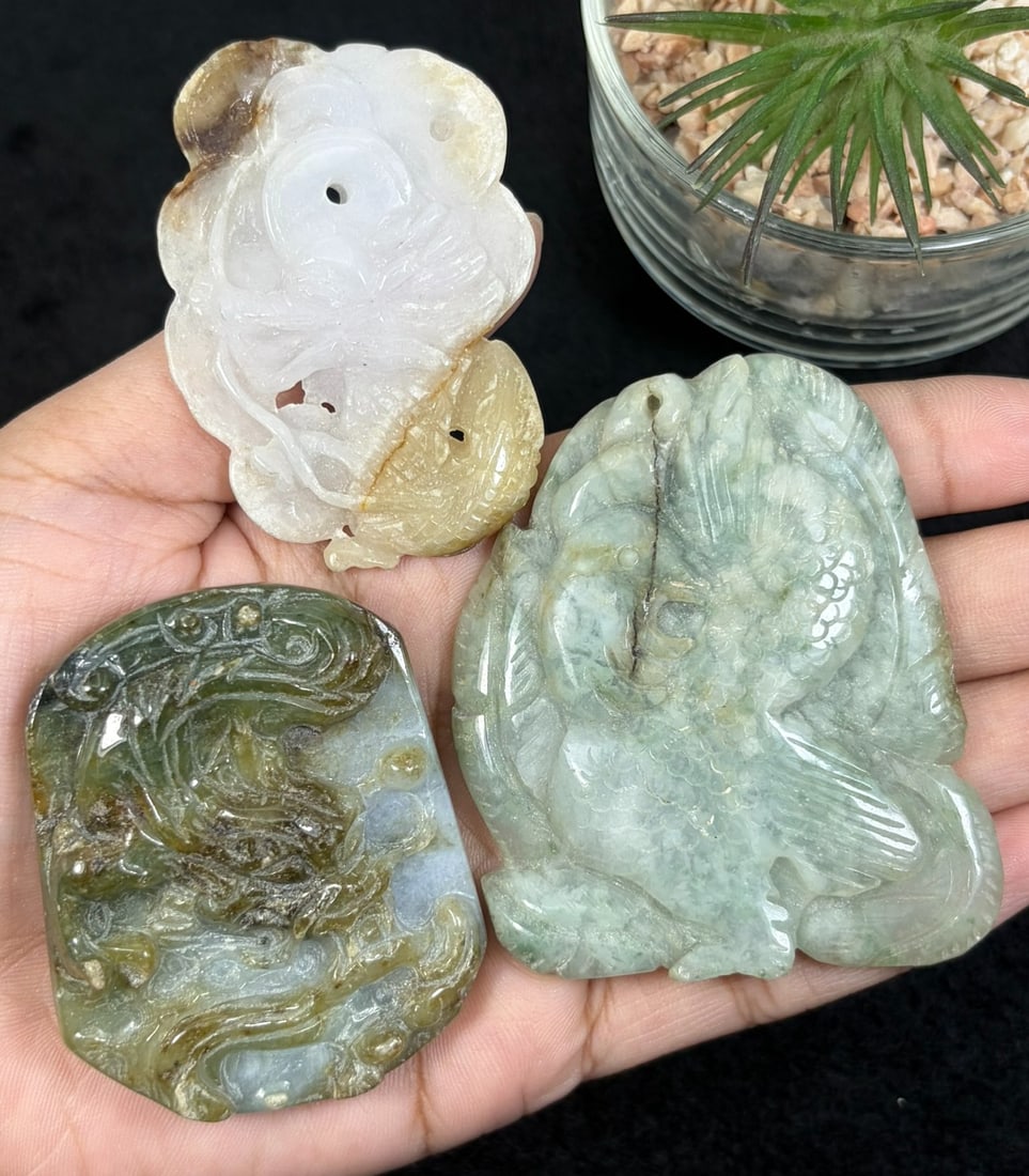 Lot Of 3 Natural Burmese Type A Jadeite Jade Carved Pendants, 61AR: This three-piece set is hand carved from untreated natural Type A Burmese jadeite jade, featuring traditional culturally significant motifs: an openwork dragon-and-paisley styled carving, an intricate