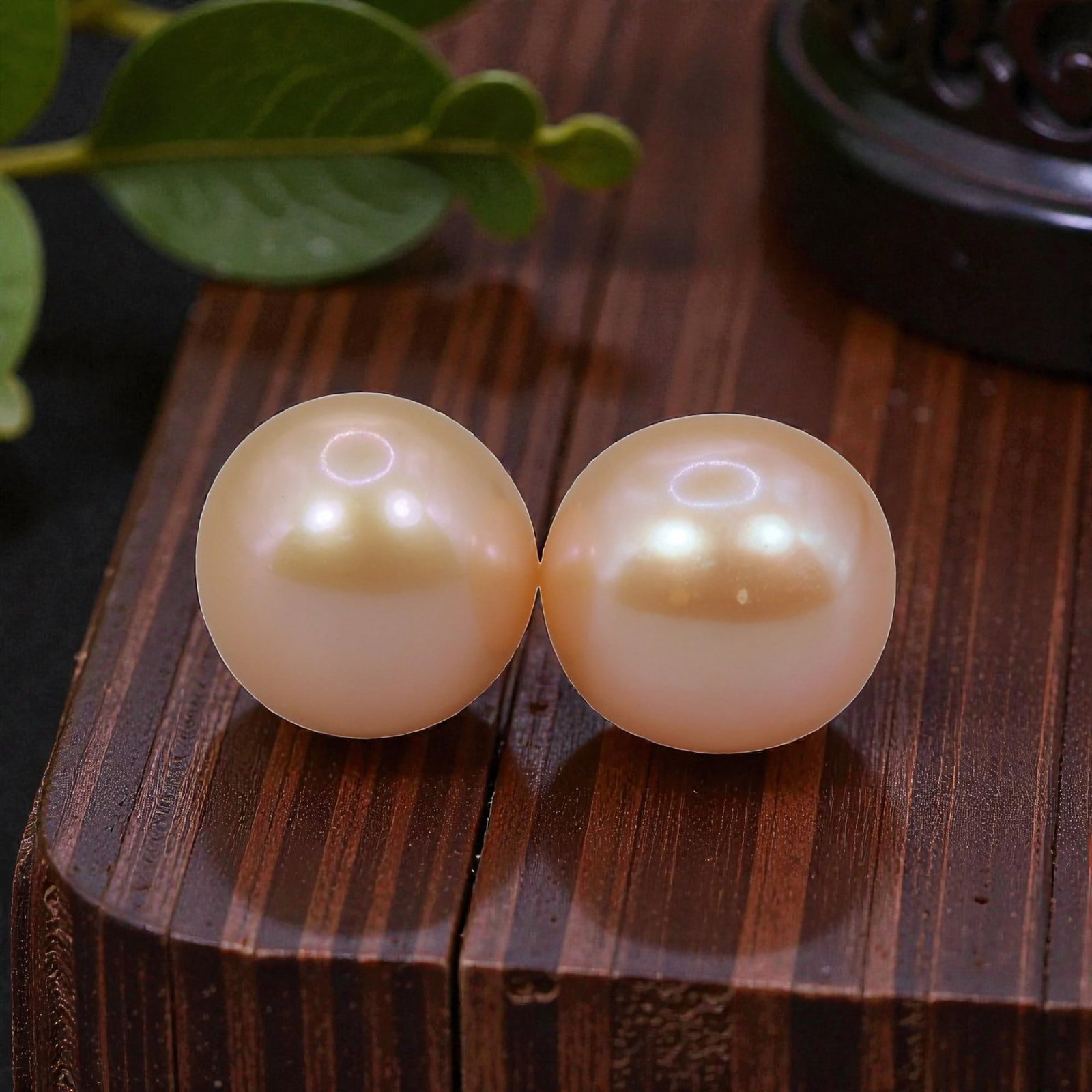 Freshwater Pearl Pair - Natural Pearl Peach Round Gemstones 7.8mm, 36XA: A matched pair of natural freshwater pearls, exhibiting a soft peach-gold hue with bright, even luster and fine orient. The pearls are near-spherical, with smooth nacre and minimal natural surface var