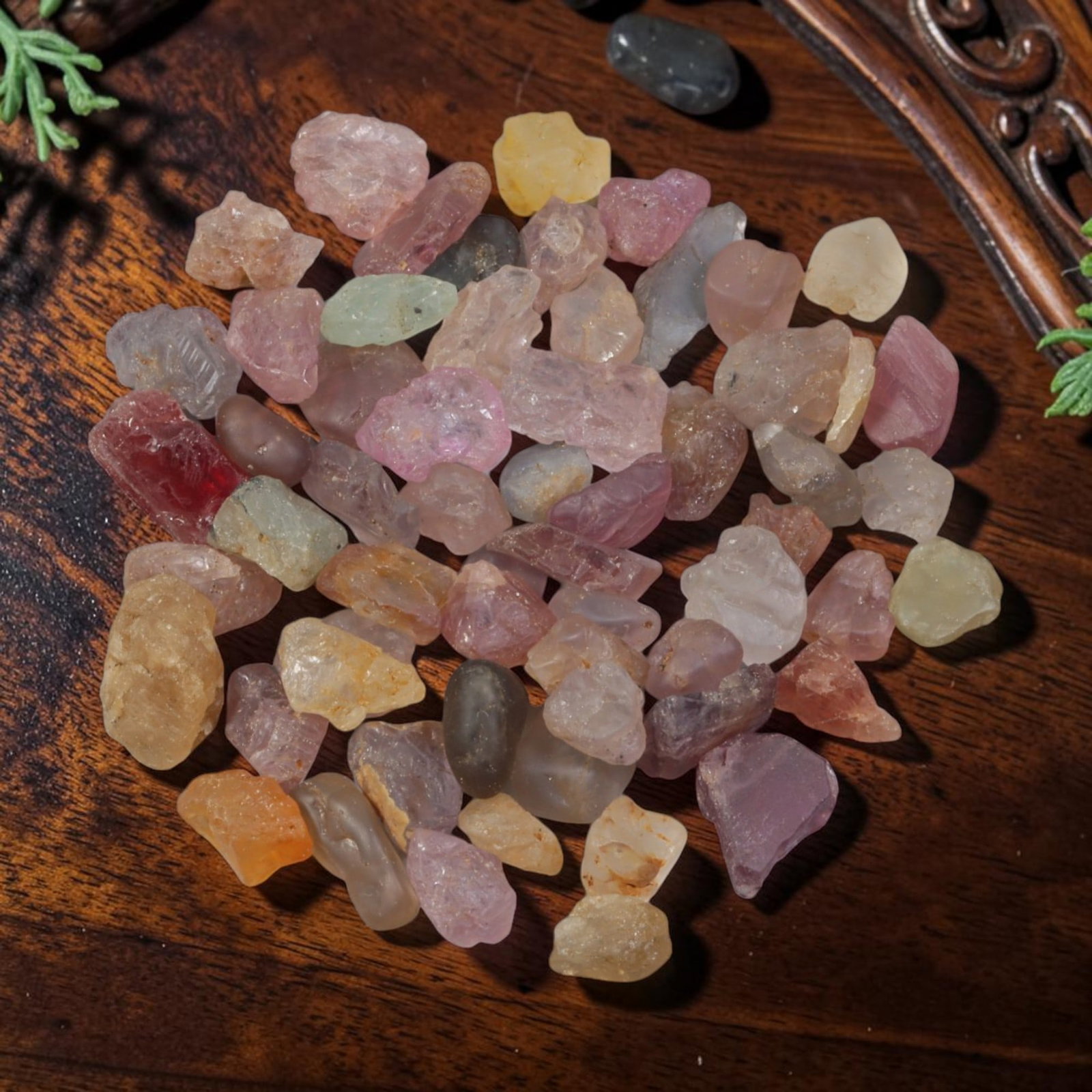 113.44 Carats Natural Multicolor Spinel Rough Parcel, 81YH: This assorted parcel of natural multicolor spinel rough features a varied palette of blush pink, lavender, pale golden yellow, soft orange, muted red and translucent neutral crystalline shades typical