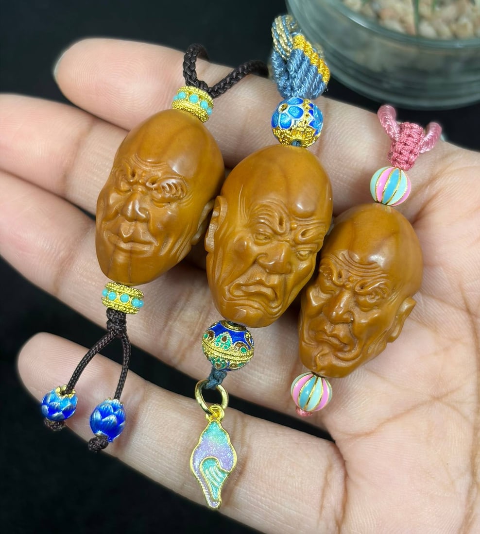 Lot of 3 Hand Carved Olive Nut Arhat Head Pendant Rope Necklaces, 17AS: Set of 3 finished wearable pendant necklaces, each crafted with finely hand-carved natural olive nut arhat (luohan) head focal bead with vivid detailed facial carving. Each strung on a soft adjustable