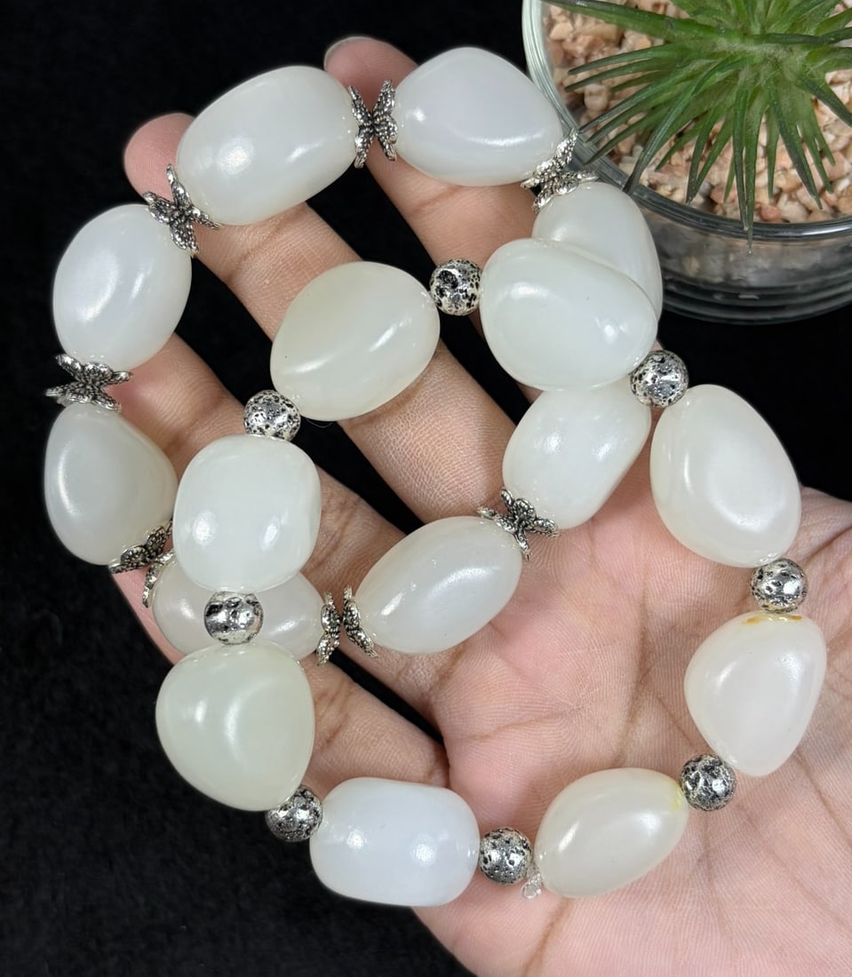 Lot of 2 Natural White Hetian Nephrite Seed Jade Bracelets, Largest 2cm Raw Skin Pebble Beads, 87AR (1 of 2)
