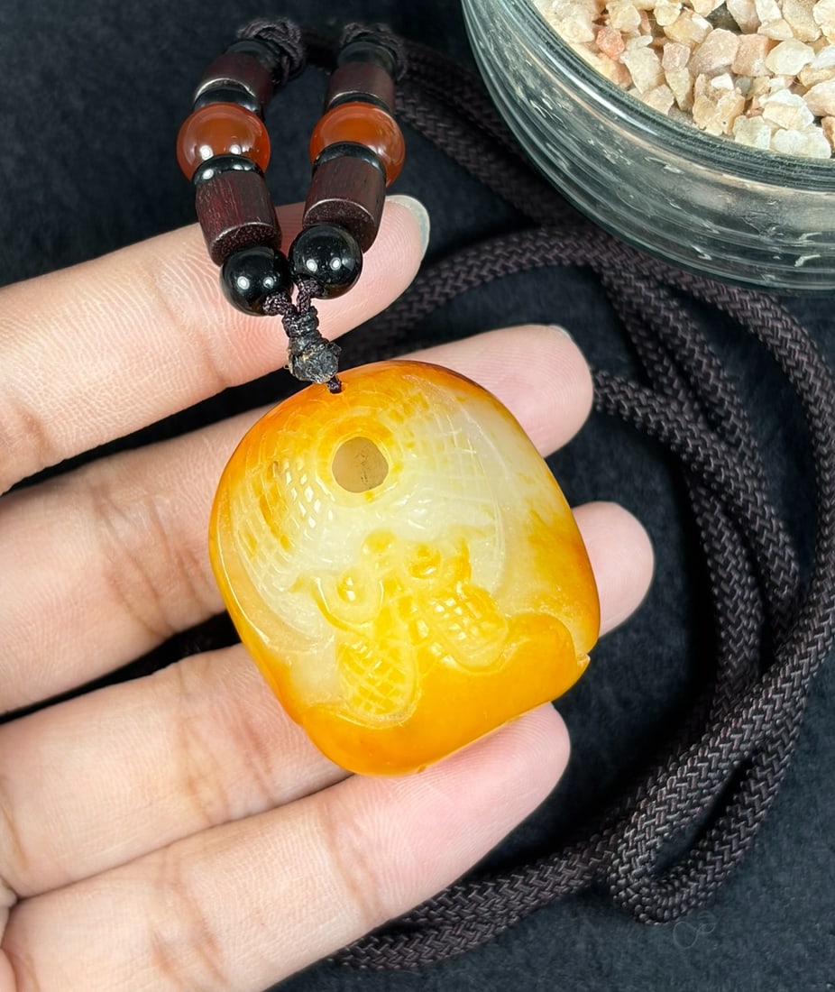 Natural Xinjiang Hetian Yellow Skin White Nephrite Bat Coin Carved Pendant Necklace, 40AT: Hand carved from natural Xinjiang Hetian nephrite jade with striking natural golden-yellow russet skin overlaying creamy pale white jade core, this compact rounded square pendant measures 3 cm across.